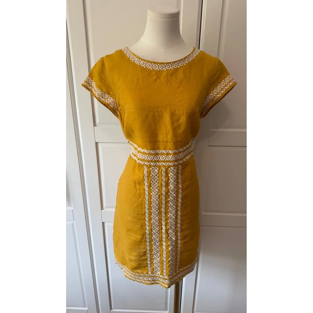 Boden Laura Linen Embroidered Mustard Yellow Linen Shift Dress US 8R
